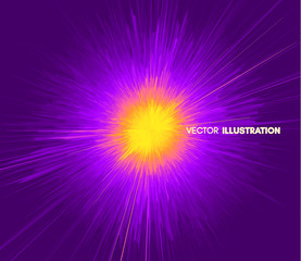 Background with explosion. Starburst dynamic lines. Solar or starlight emission. 3d futuristic technology style. Vector illustration.