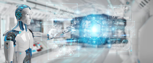 White male cyborg using digital datas interface 3D rendering