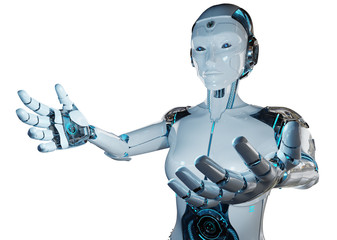 White woman cyborg opening her two hands 3D rendering