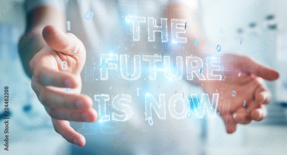 Poster businessman using future text interface 3d rendering