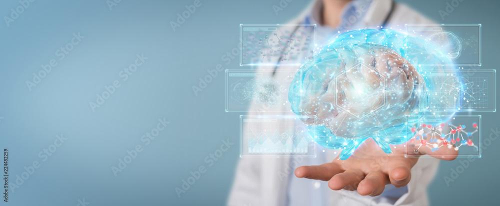Poster doctor using digital brain scan hologram 3d rendering