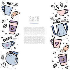 Coffee handdrawn banner with space for your text. Handdrawn vector illustation with coffee cups and coffee pots.