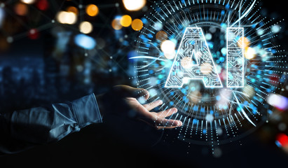 Businessman using digital artificial intelligence icon hologram 3D rendering