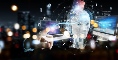 Businessman using white humanoid controlling modern devices 3D rendering