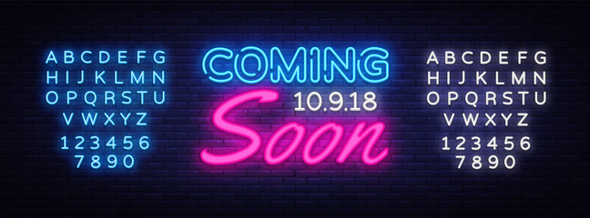 Coming Soon neon sign vector. Coming Soon Design template neon sign, light banner, neon signboard, nightly bright advertising, light inscription. Vector illustration. Editing text neon sign