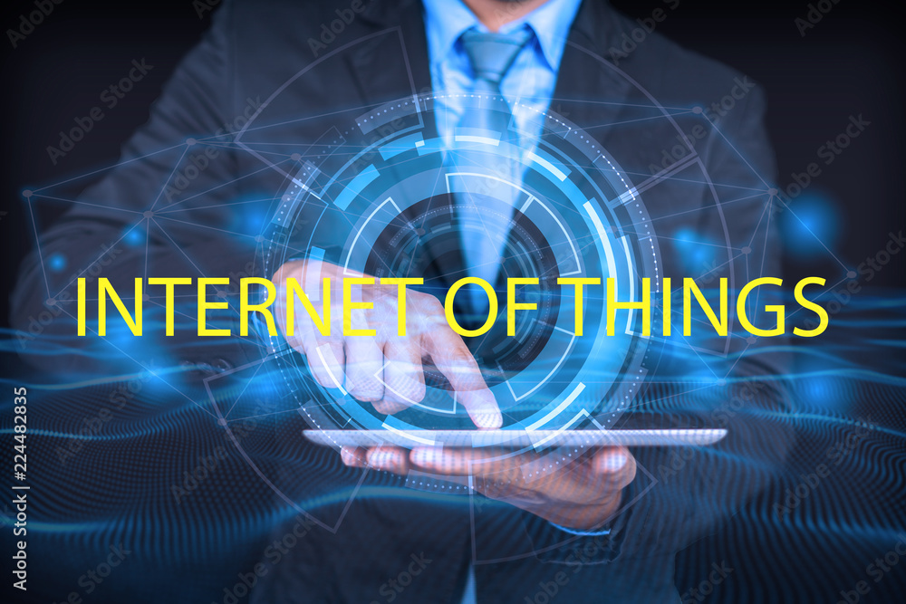 Poster internet of things (iot) with man graphical user digital interface transformation, artificial intell