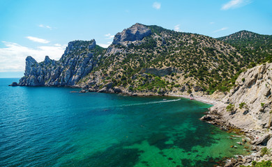 Sea aerial view, Top view, amazing nature background.The color of the water and beautifully bright. Azure beach with rocky mountains and clear water of Crimea at sunny day.