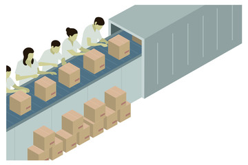 Worker production line concept in isometric flat design. Production line with cardboard boxes. Production process on the line conveyor.