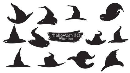 Spooky witch hats silhouette collection of Halloween vector isolated on white background. scary and creepy element