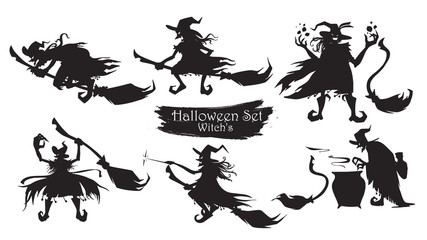Spooky witch with brooms and hats silhouette collection of Halloween vector isolated on white background. scary and creepy element