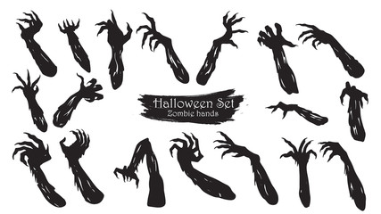 Spooky zombie hands silhouette collection of Halloween vector isolated on white background. scary, haunted and creepy arm element