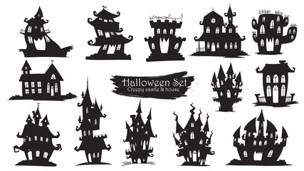 Spooky castle silhouette collection of Halloween vector isolated on white background. scary, haunted and creepy house element - obrazy, fototapety, plakaty