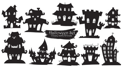 Spooky castle silhouette collection of Halloween vector isolated on white background. scary, haunted and creepy home element