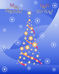 Naklejka na ściany i meble Starry Christmas tree with a festive greeting. Merry Christmas and a Happy New Year! The design of greeting card, an invitation to a celebration.