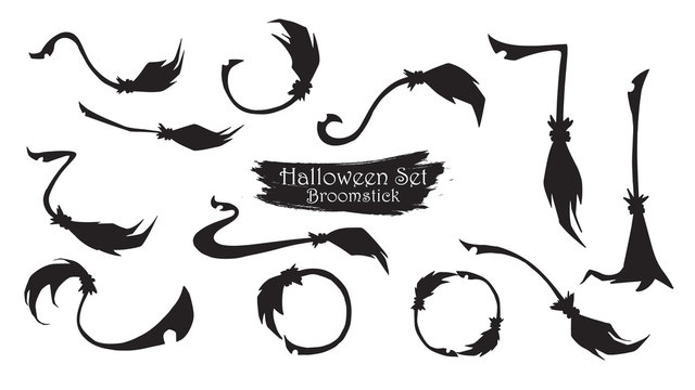 Spooky broomstick silhouette collection of Halloween vector isolated on white background. scary and creepy element