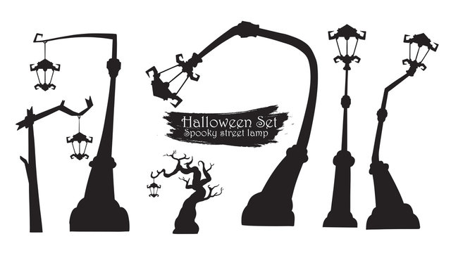 Spooky street lamp silhouette collection of Halloween vector isolated on white background. scary, haunted and creepy curly plant with lantern element
