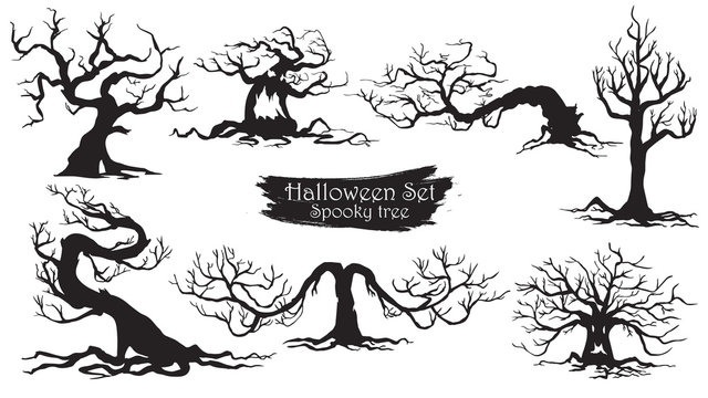 Spooky trees silhouette collection of Halloween vector isolated on white background. scary, haunted and creepy curly plant element