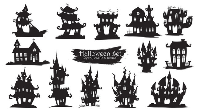 Spooky castle silhouette collection of Halloween vector isolated on white background. scary, haunted and creepy house element