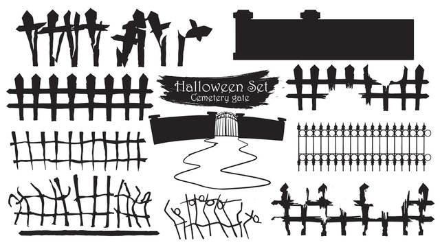 Spooky cemetery gate silhouette collection of Halloween vector isolated on white background. scary, haunted and creepy fence element