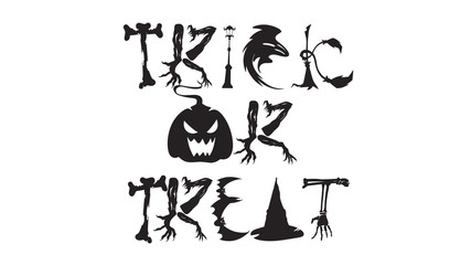 Spooky trick or treat text with flying witch isolated on white background. scary, haunted and creepy wood texture hand lettering for party invitation, greeting card, banner
