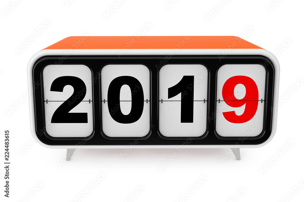 Poster retro flip clock with 2019 new year sign. 3d rendering