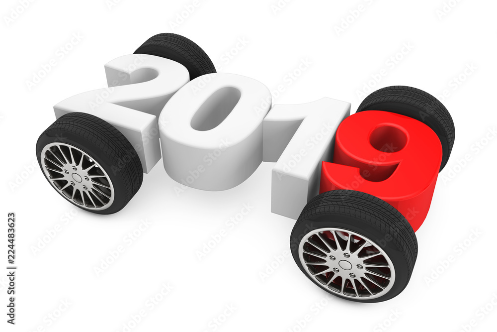 Poster 2019 year concept with car wheels. 3d rendering