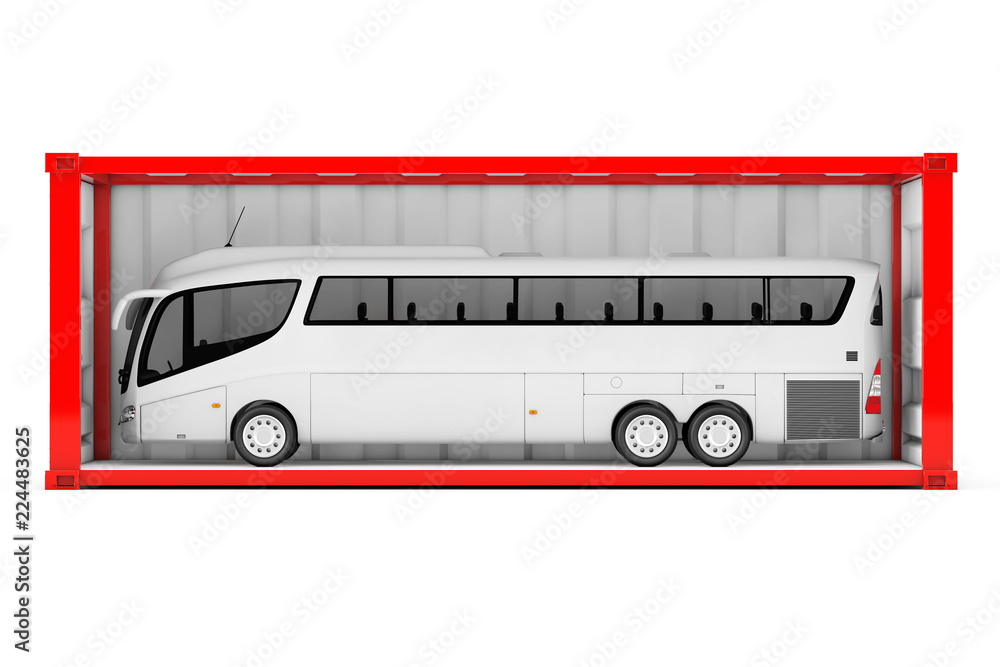 Poster Big White Coach Tour Bus in Red Shipping Container with Removed Side Wall. 3d Rendering