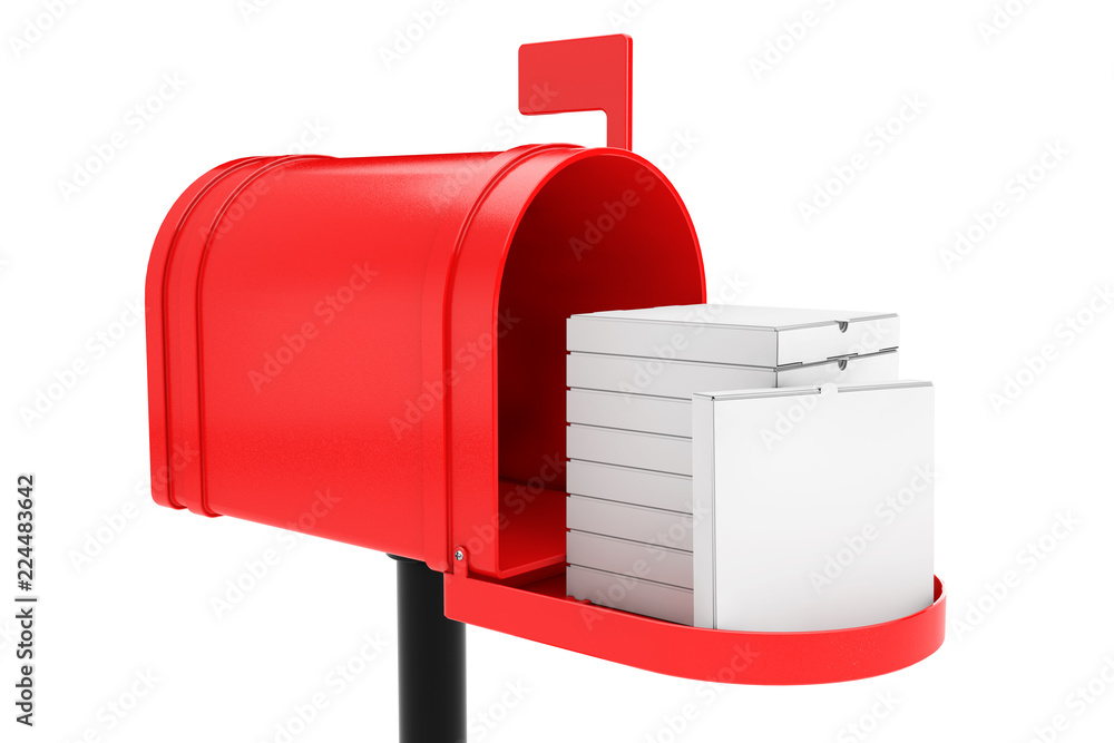 Poster Stack of White Blank Cardboard Pizza Boxes in Red Mailbox. 3d Rendering