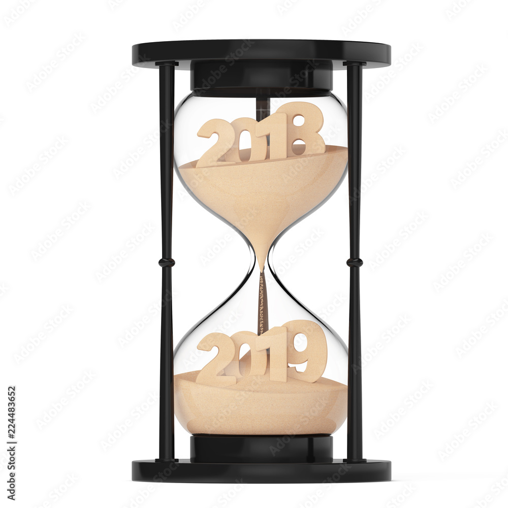 Aufkleber new 2019 year concept. sand falling in hourglass taking the shape from 2018 to 2019. 3d rendering