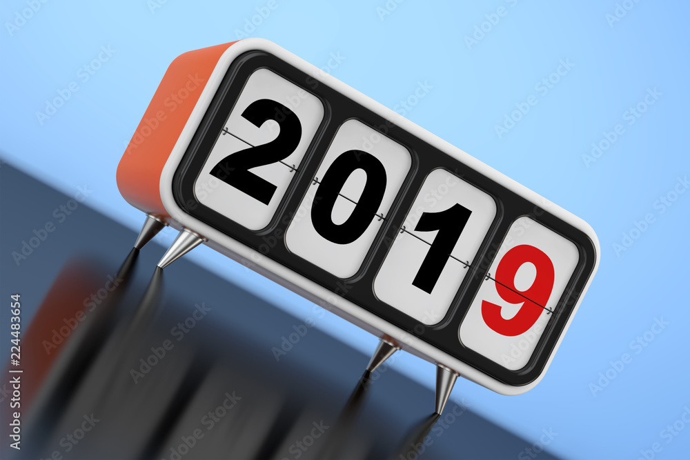 Poster retro flip clock with 2019 new year sign. 3d rendering