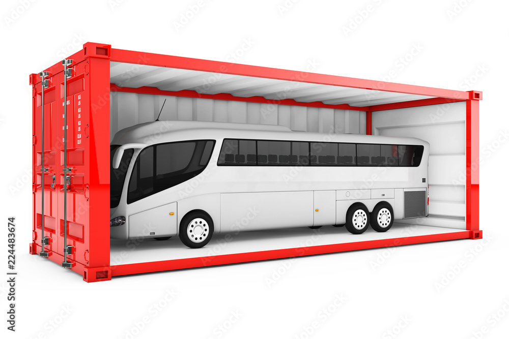 Poster Big White Coach Tour Bus in Red Shipping Container with Removed Side Wall. 3d Rendering
