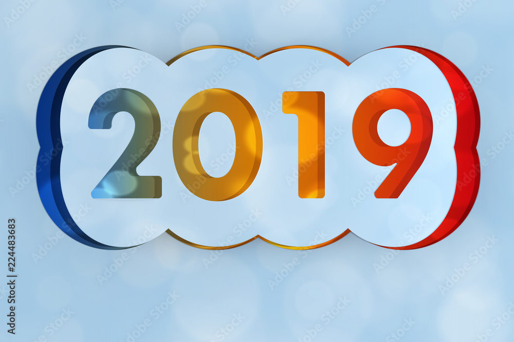 Poster 2019 happy new year sign cut from paper. 3d rendering