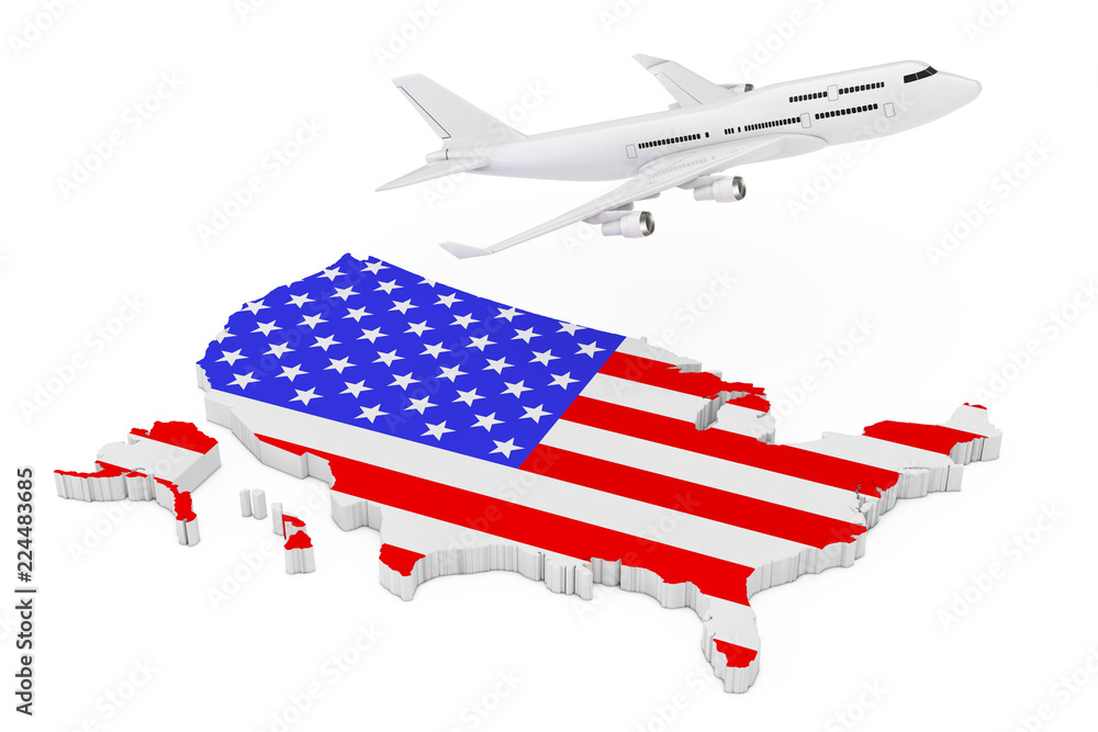 Poster white jet passenger's airplane flying over usa map with flag. 3d rendering