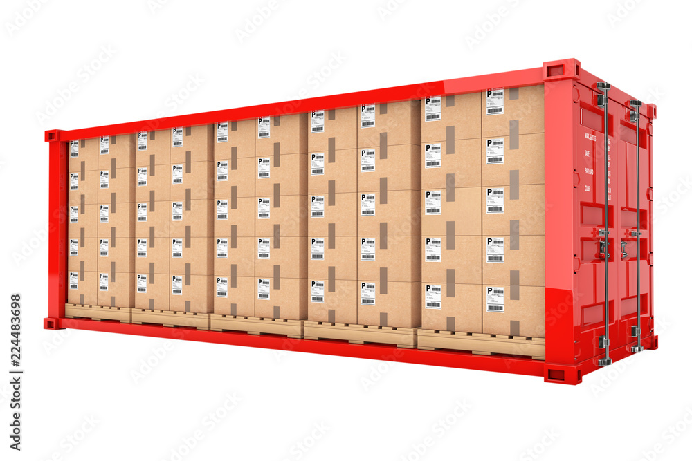 Poster Rows of Cardboard Boxes on Wooden Palettes in Red Shipping Container with Removed Side Wall. 3d Rendering