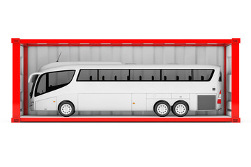 Big White Coach Tour Bus in Red Shipping Container with Removed Side Wall. 3d Rendering