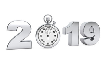 New year 2019 concept. 2019 steel sign with stopwatch. 3d Rendering