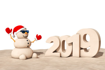 Sandy Christmas Snowman at Sunny Beach with 2019 New Year Sign. 3d Rendering