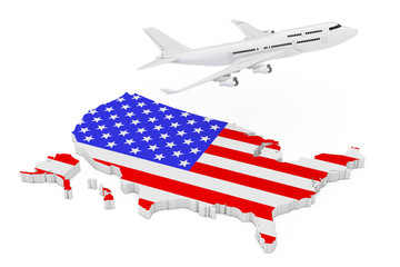 White Jet Passenger's Airplane Flying Over USA Map with Flag. 3d Rendering