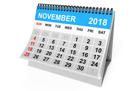 Calendar November 2018. 3d Rendering