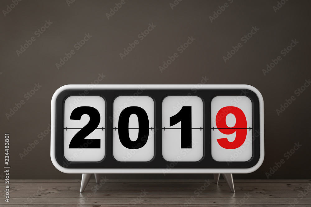Poster retro flip clock with 2019 new year sign. 3d rendering
