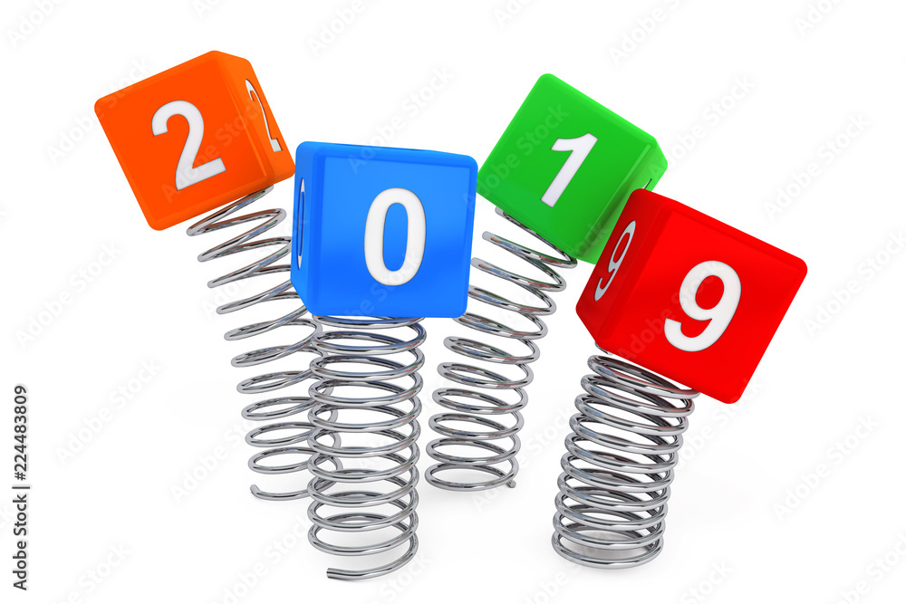 Poster spring cubes with 2019 new year sign. 3d rendering