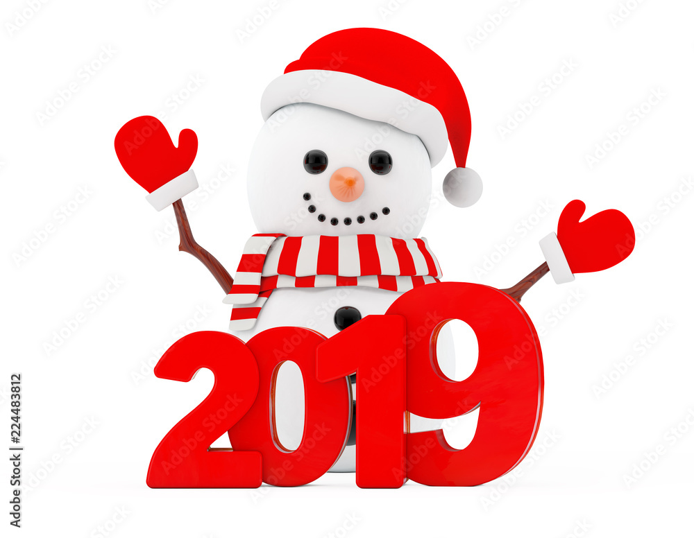 Poster new year concept. snowman with christmas new 2019 year sign. 3d rendering