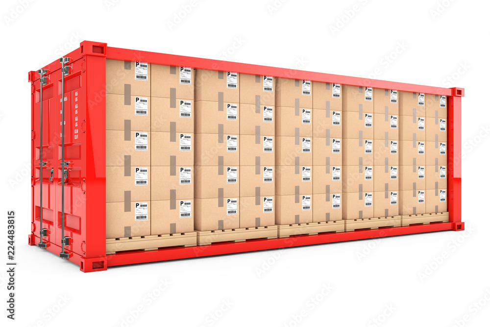 Aufkleber Rows of Cardboard Boxes on Wooden Palettes in Red Shipping Container with Removed Side Wall. 3d Rendering