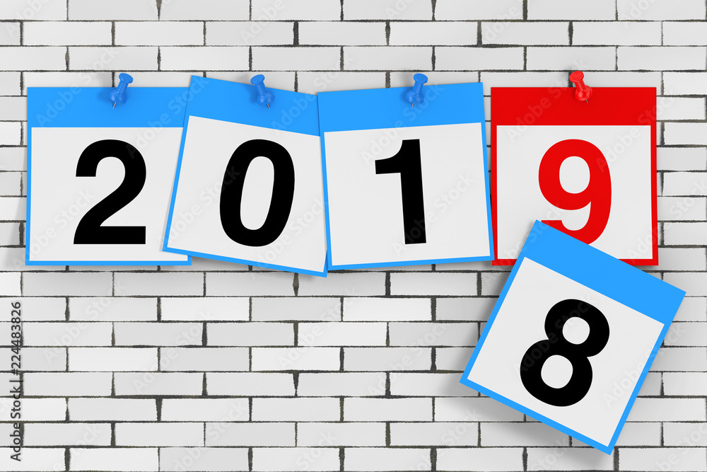 Poster new 2019 year start concept. calendar sheets with 2019 new year sign. 3d rendering