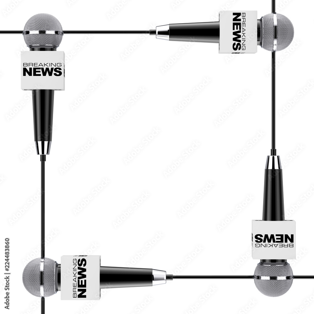 Poster microphones with breaking news sign boxes as frame with blank space for your design. 3d rendering