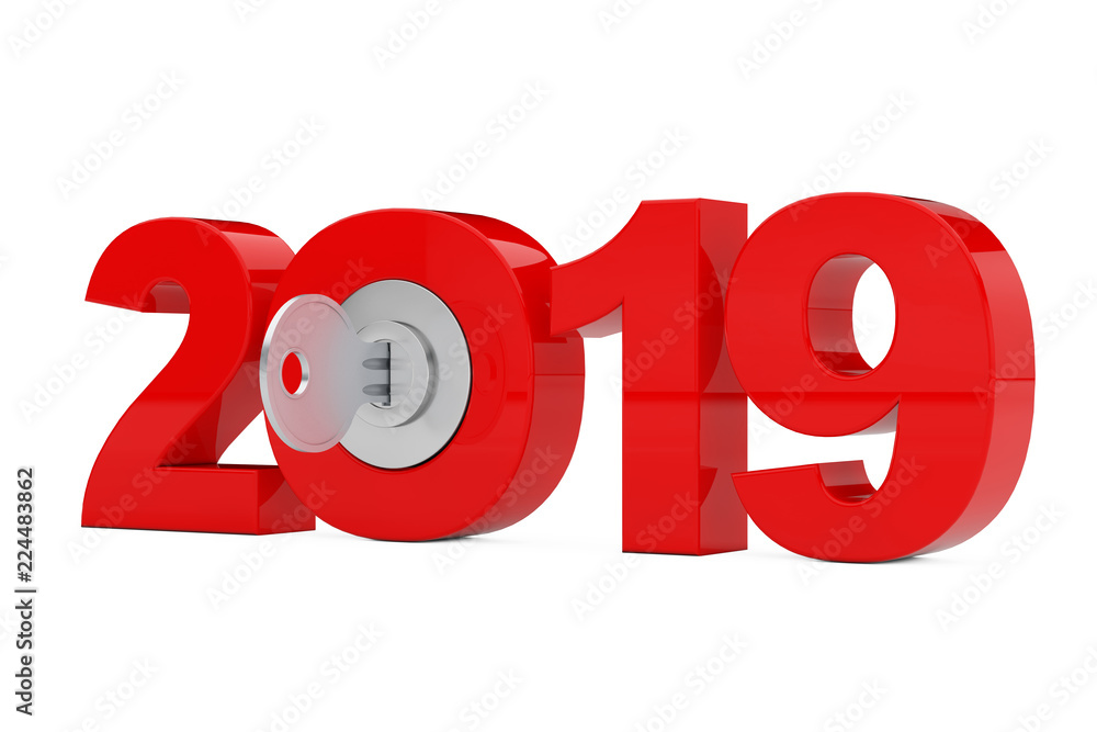 Aufkleber new 2019 year sign with key. 3d rendering