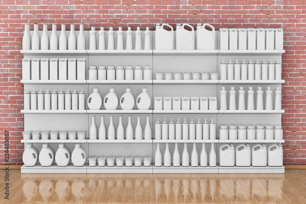 Poster supermarket shelving rack with blank products or goods in clay style. 3d rendering
