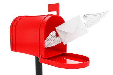 White Envelope Letter with Wing Flying to Red Mailbox. 3d Rendering