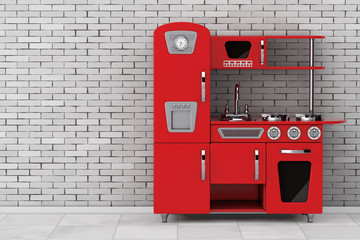 Red Vintage Toy Kitchen. 3d Rendering