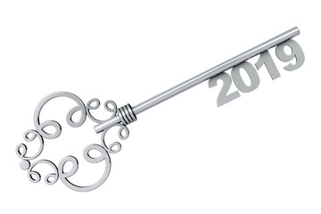Silver Vintage Key with 2019 year Sign. 3d Rendering